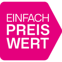 Pinkes Preiswert‑Symbol mit Schriftzug Einfach Preiswert, Hinweis auf Sparvorteile und günstige Angebote.